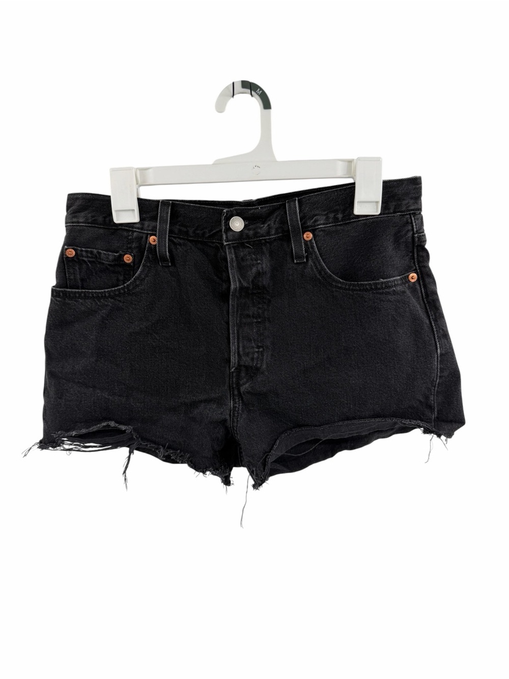 Levi’s 501 black raw hem button fly Jean shorts size 29